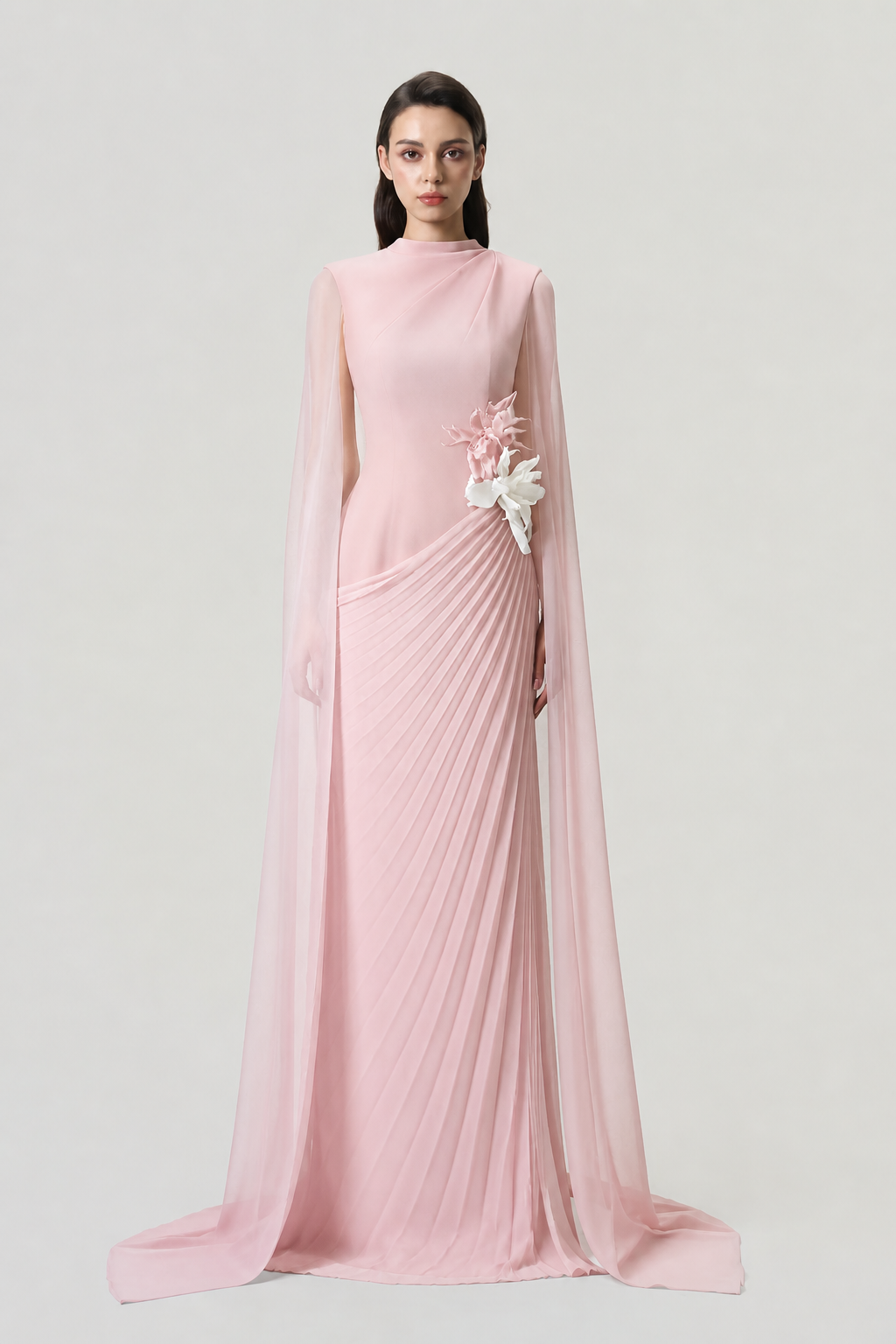 Long Sleeves Cape Diagonal Pleated Dress - TRACY COUTURE