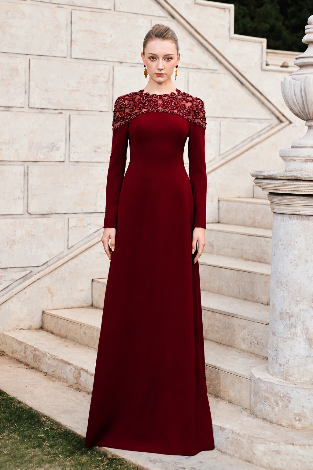 Round Neck Stylized 3D Crystal-Embellished A-line Dress - TRACY COUTURE