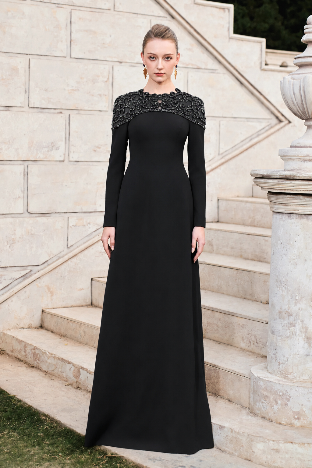 Round Neck Stylized 3D Crystal-Embellished A-line Dress - TRACY COUTURE