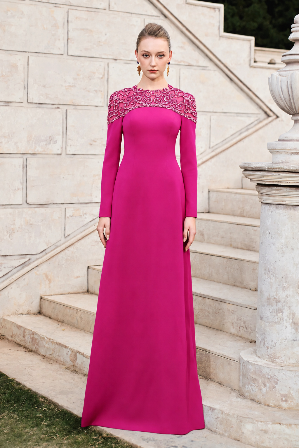 Round Neck Stylized 3D Crystal-Embellished A-line Dress - TRACY COUTURE