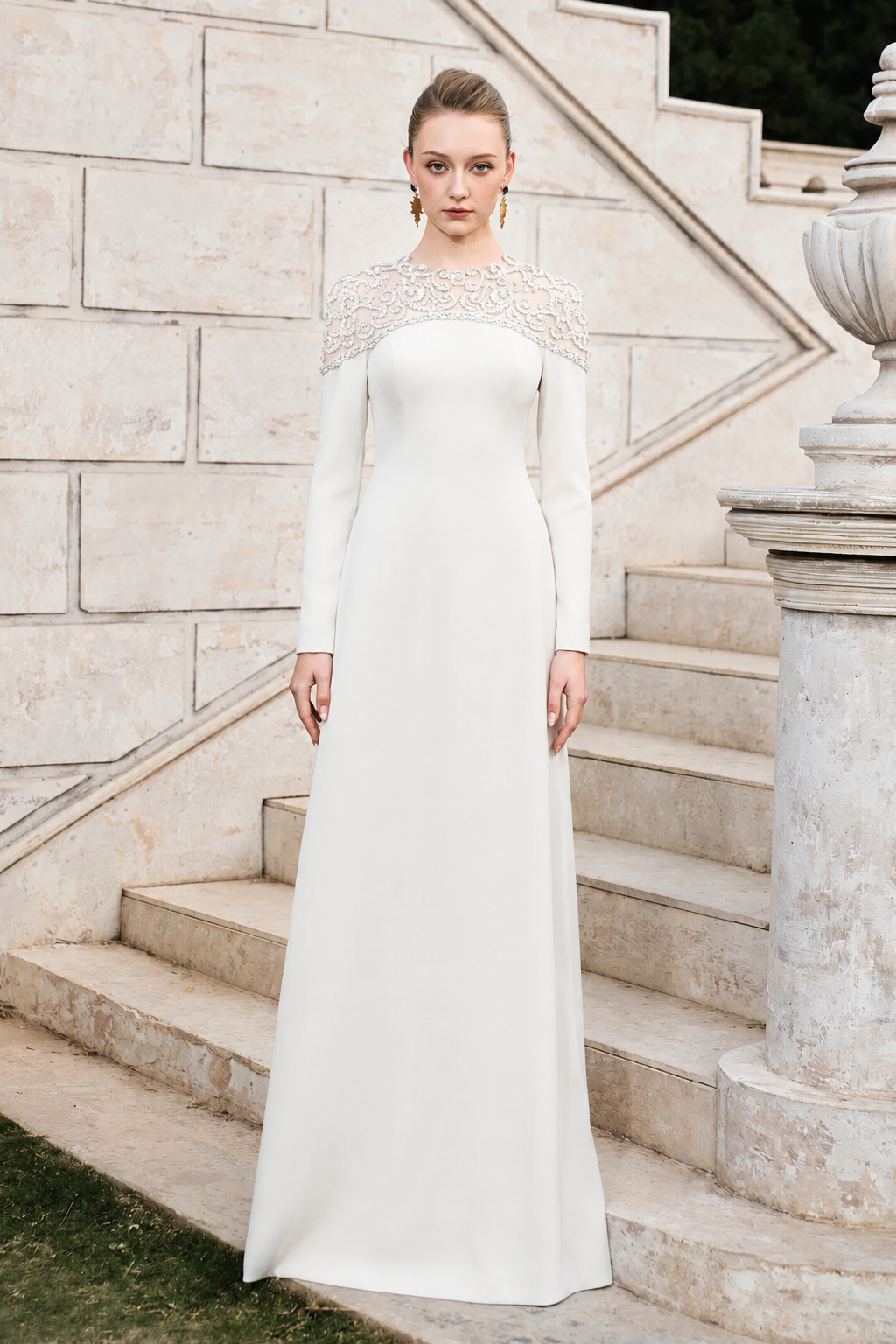 Round Neck Stylized 3D Crystal-Embellished A-line Dress - TRACY COUTURE