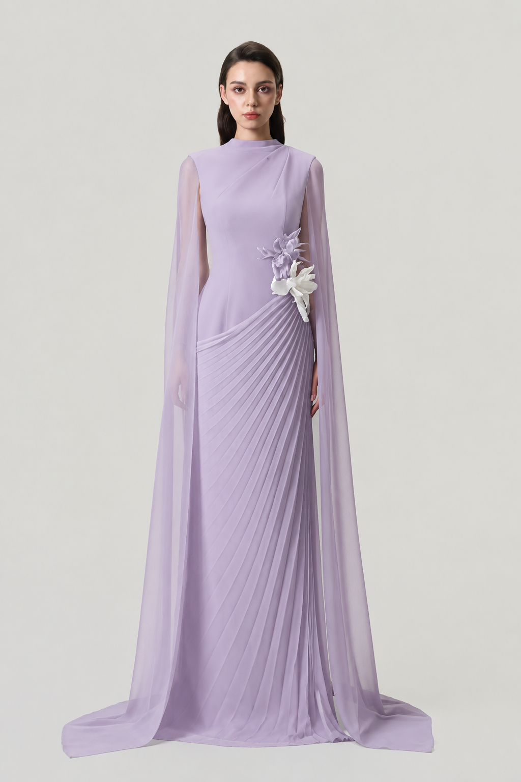 Long Sleeves Cape Diagonal Pleated Dress - TRACY COUTURE