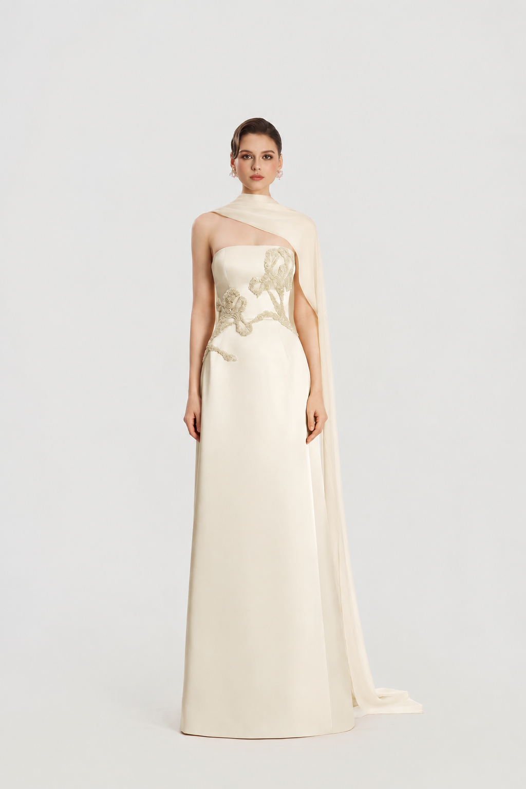 Asymmetric Long Cape Floral Embellished Dress - TRACY COUTURE