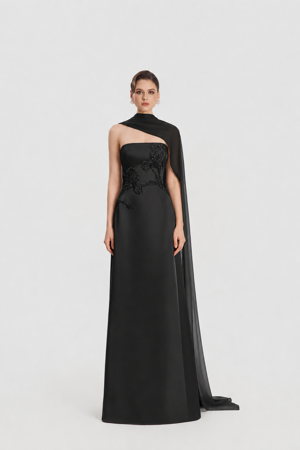 Asymmetric Long Cape Floral Embellished Dress - TRACY COUTURE