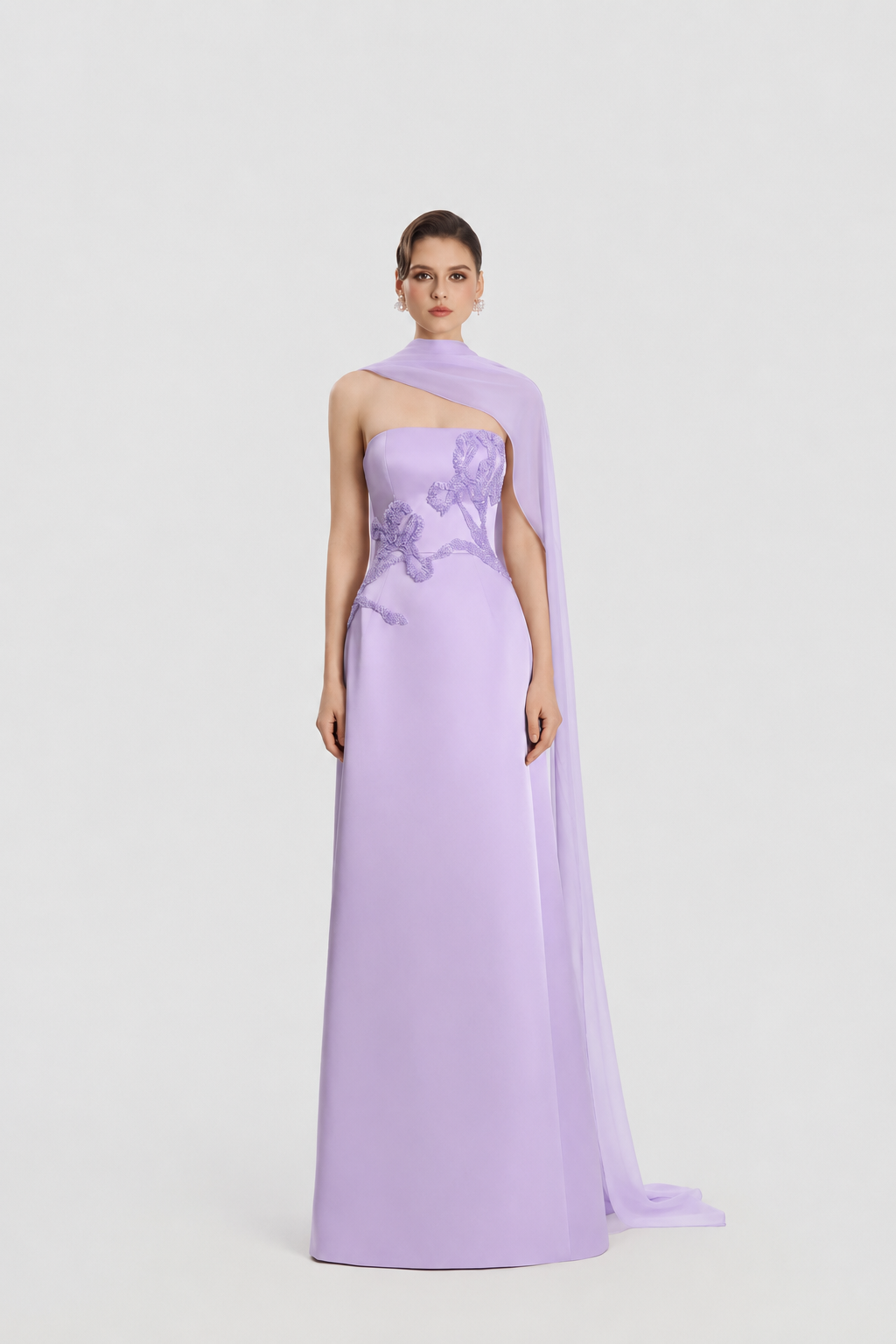 Asymmetric Long Cape Floral Embellished Dress - TRACY COUTURE