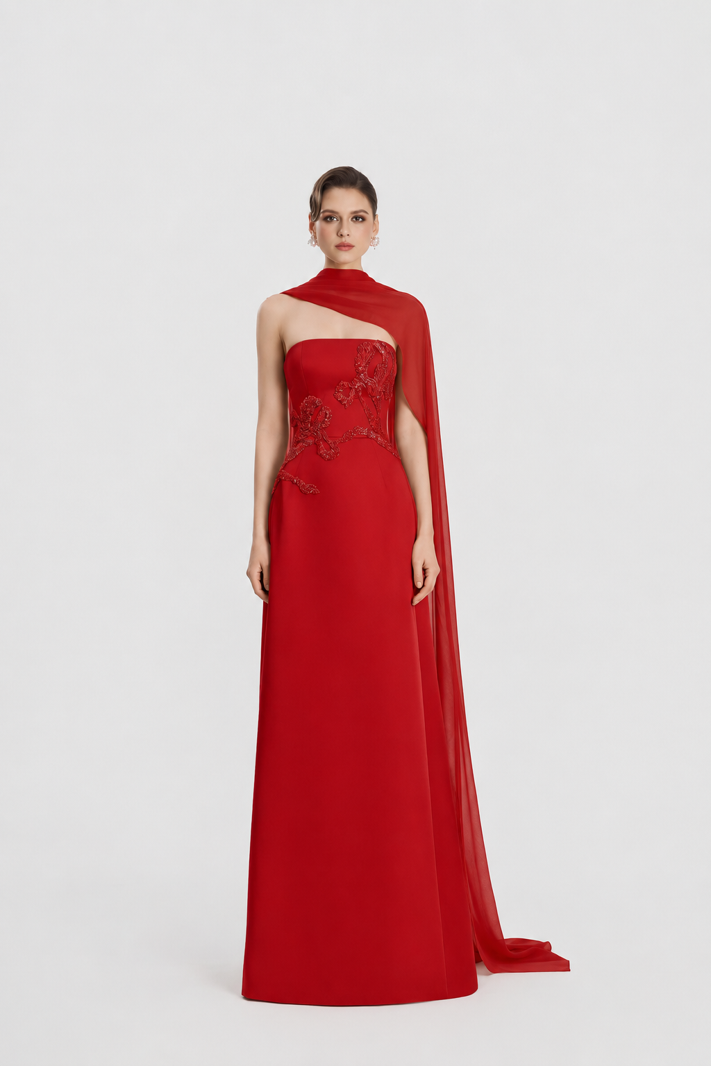 Asymmetric Long Cape Floral Embellished Dress - TRACY COUTURE