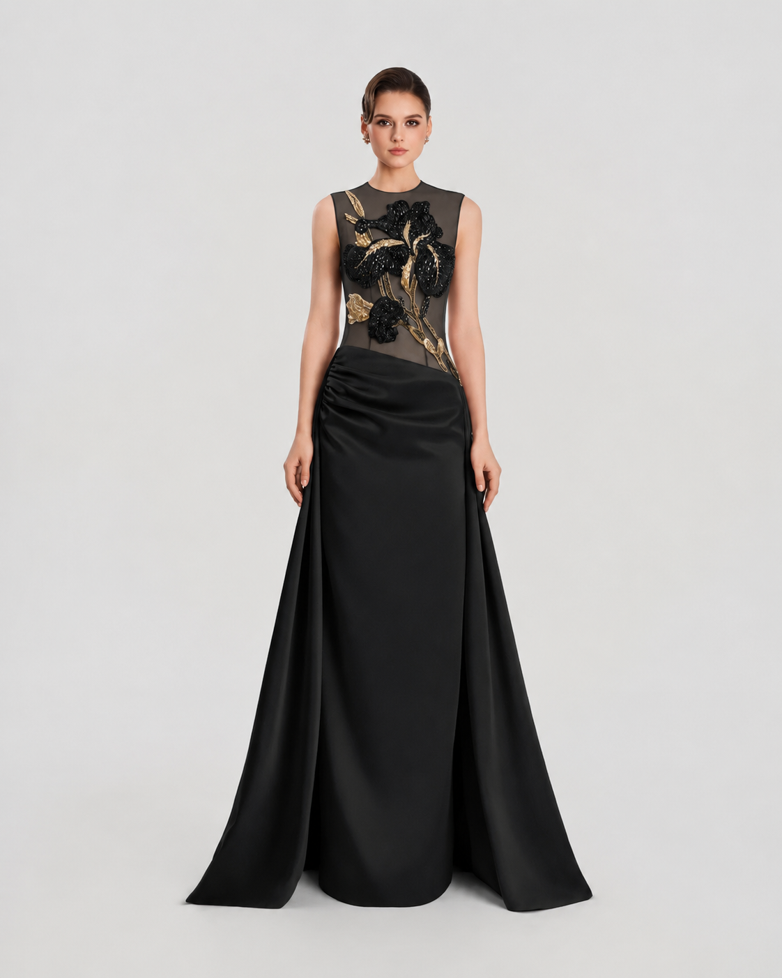 Sleeveless Draped Flared Skirt Flap Dress - TRACY COUTURE