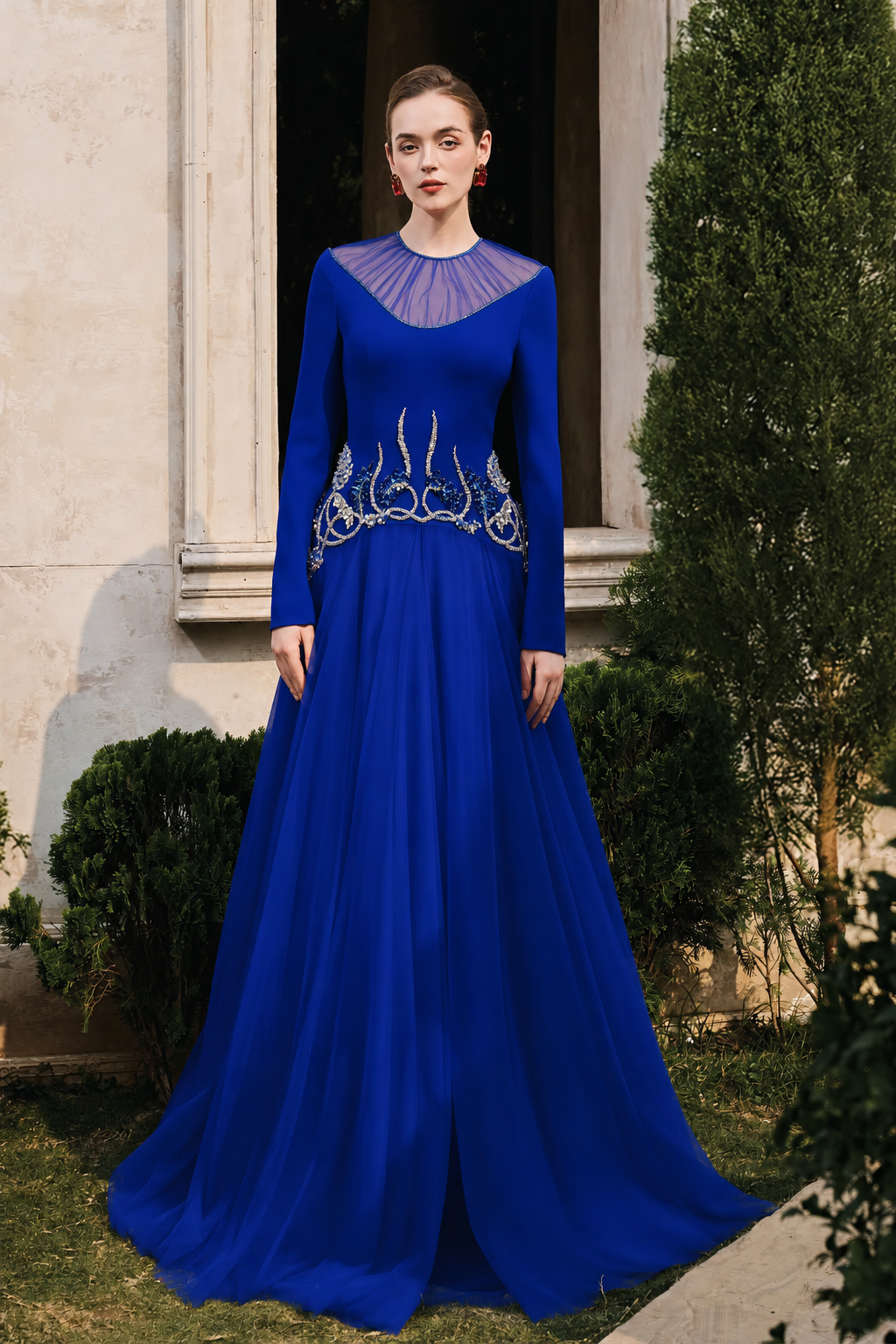Gathered See-Through Shoulder Curved Crystal Hemline Dress - TRACY COUTURE