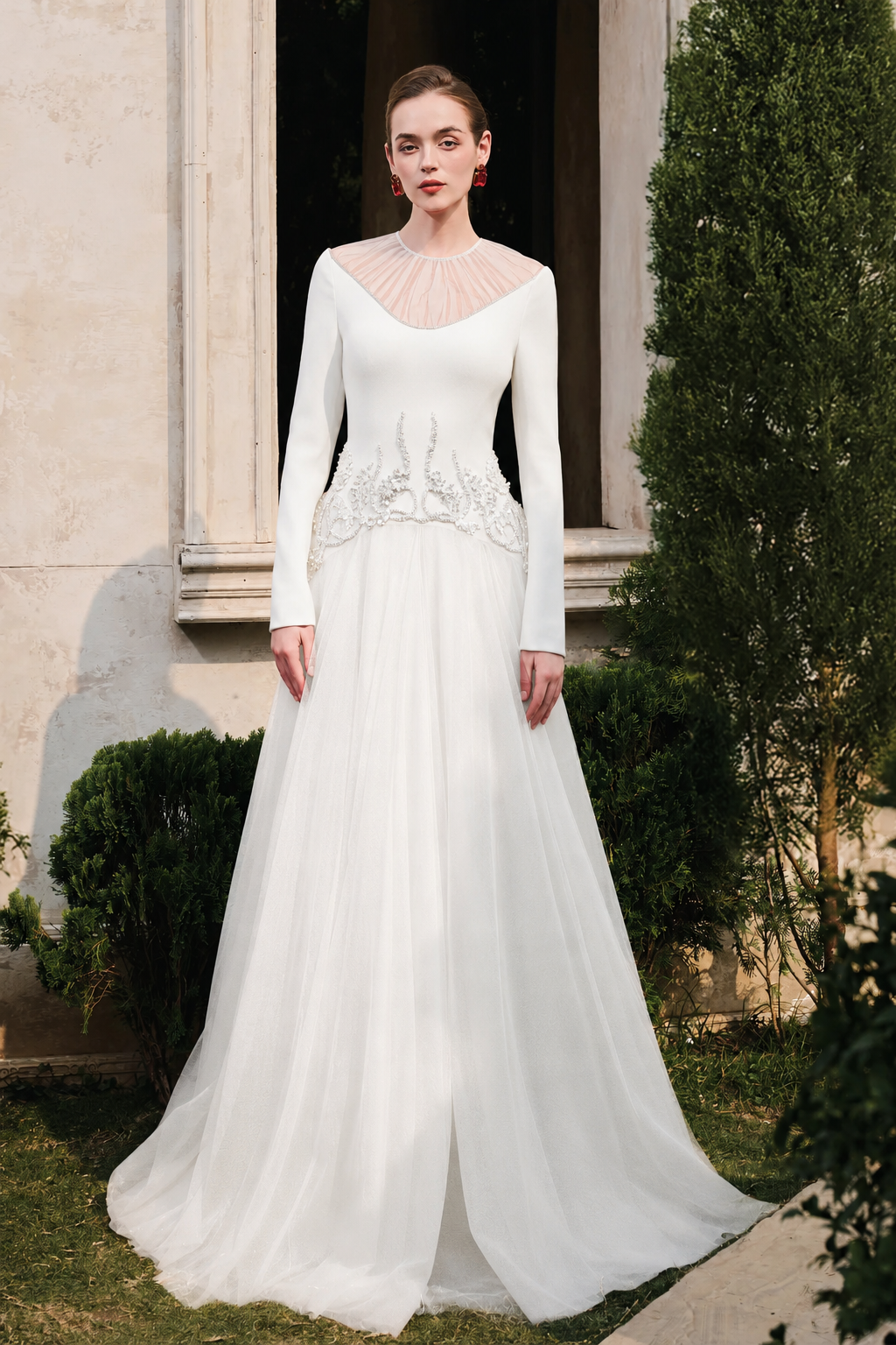 Gathered See-Through Shoulder Curved Crystal Hemline Dress - TRACY COUTURE