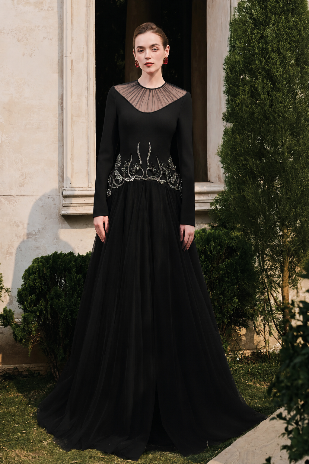 Gathered See-Through Shoulder Curved Crystal Hemline Dress - TRACY COUTURE