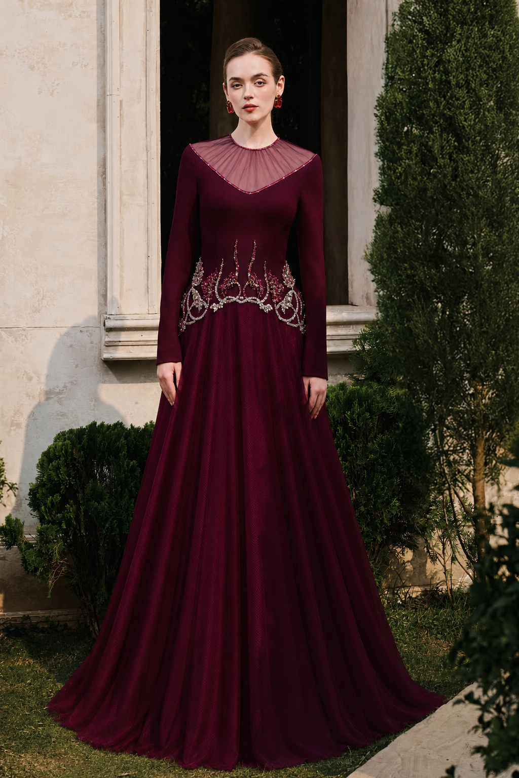 Gathered See-Through Shoulder Curved Crystal Hemline Dress - TRACY COUTURE