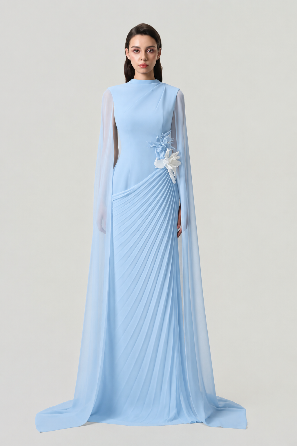Long Sleeves Cape Diagonal Pleated Dress - TRACY COUTURE