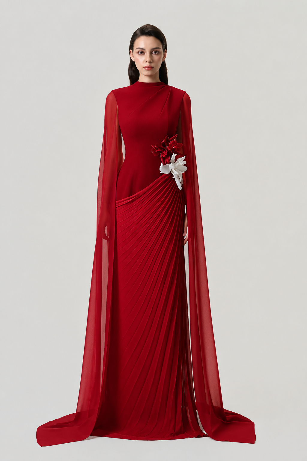 Long Sleeves Cape Diagonal Pleated Dress - TRACY COUTURE