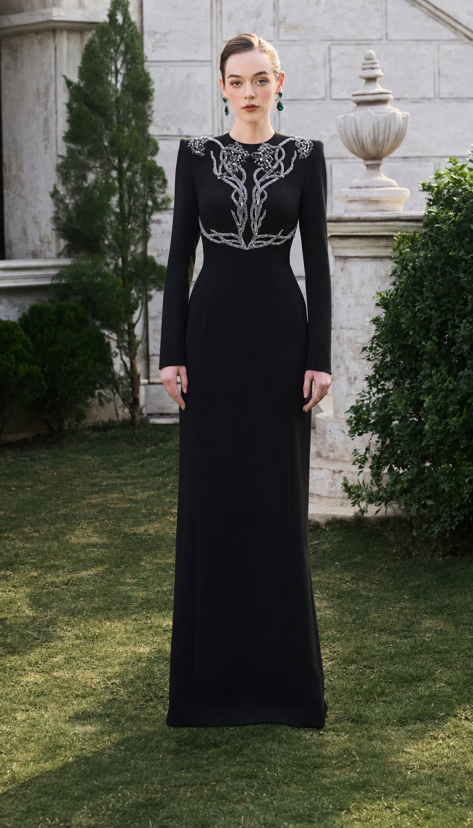 Symmetric Crystal-Embellished Light A-line Dress - TRACY COUTURE