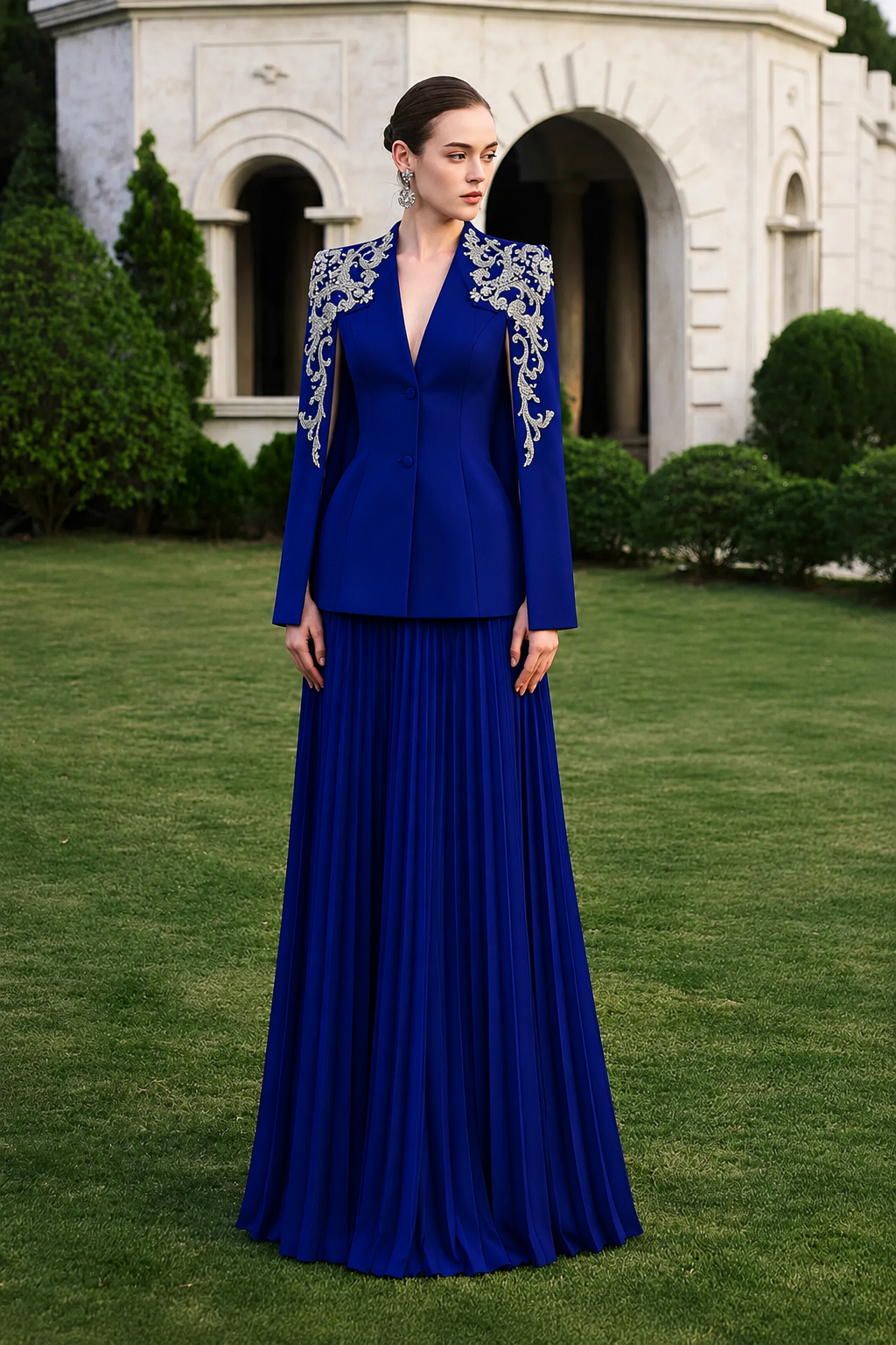 Collarless 3D Crystal-Embellished Blazer With Gathered Skirt Set - TRACY COUTURE