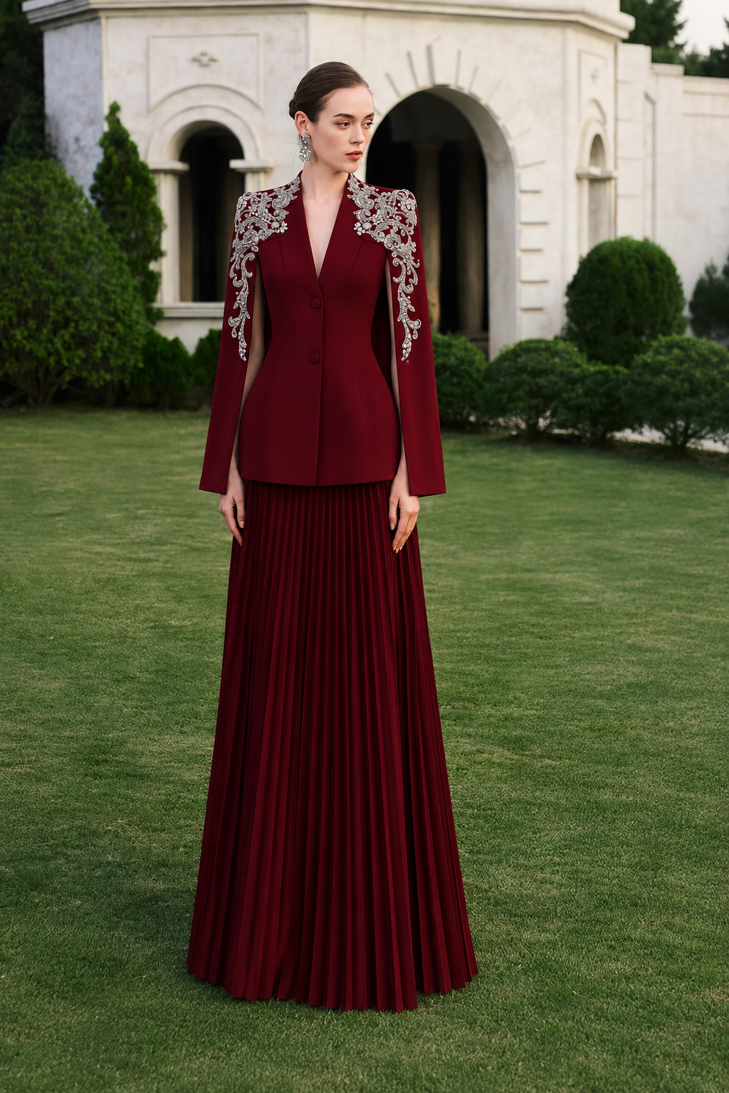 Collarless 3D Crystal-Embellished Blazer With Gathered Skirt Set - TRACY COUTURE