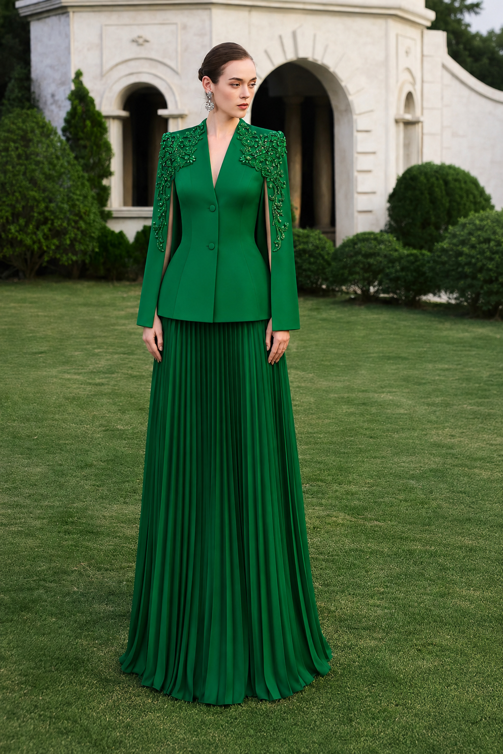 Collarless 3D Crystal-Embellished Blazer With Gathered Skirt Set - TRACY COUTURE