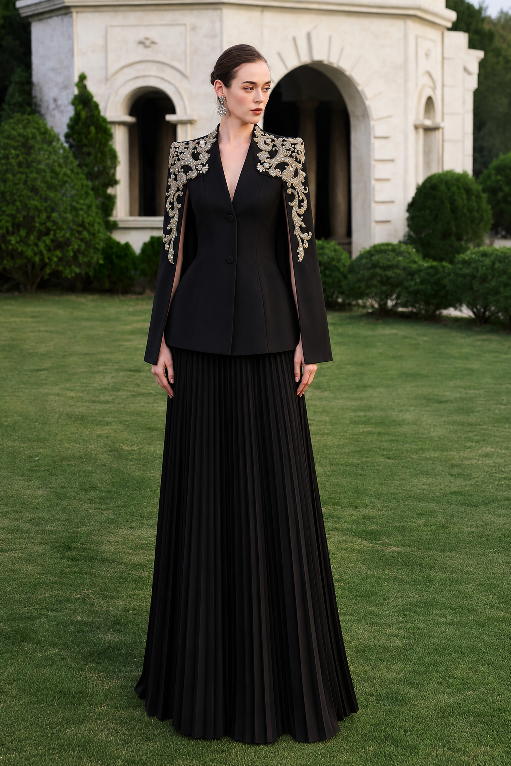 Collarless 3D Crystal-Embellished Blazer With Gathered Skirt Set - TRACY COUTURE