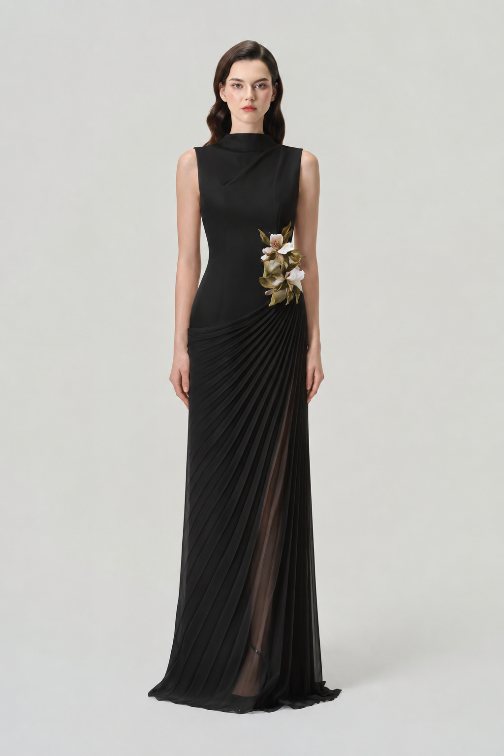 Sleeveless 3D Floral Diagonal Drop Waist Dress - TRACY COUTURE