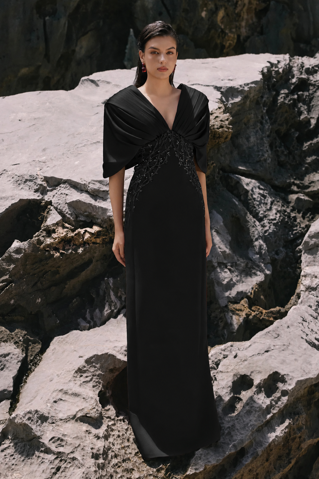 Deep V-Neck Short Cape Sleeves Dress M / Black