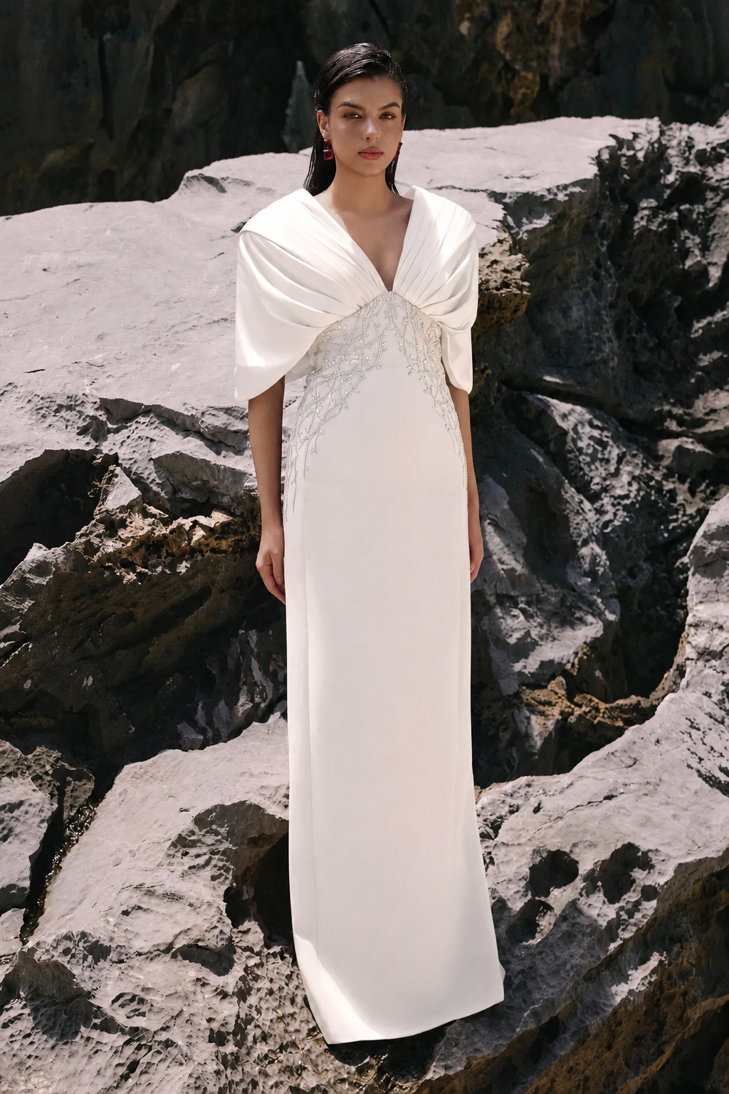Deep V-Neck Short Cape Sleeves Dress - TRACY COUTURE