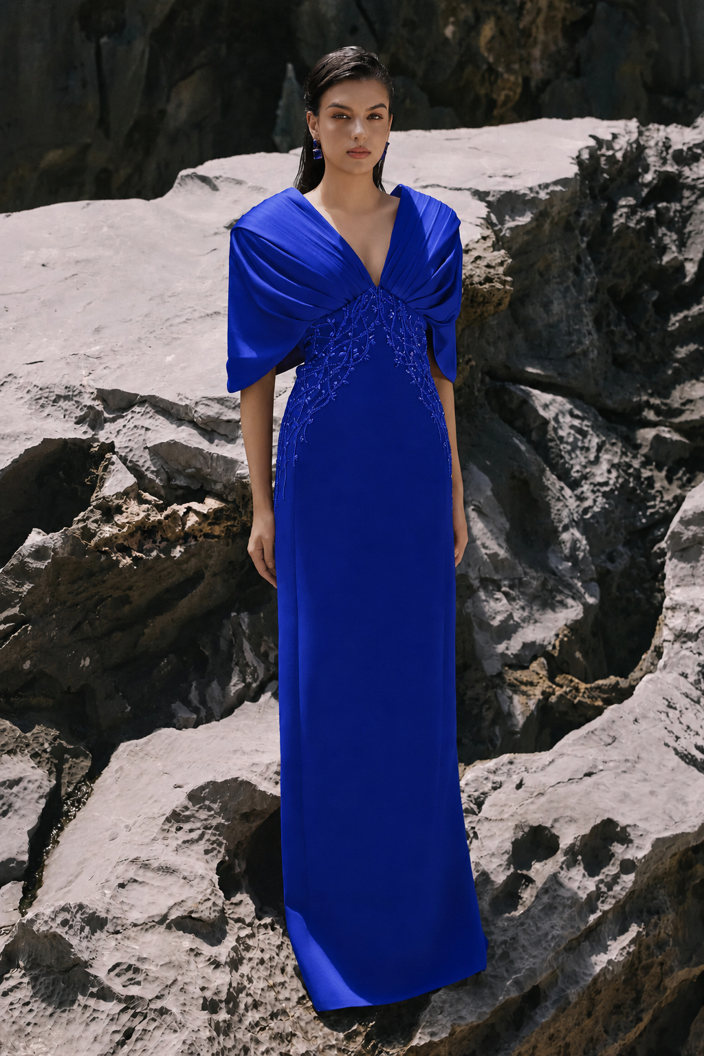Deep V-Neck Short Cape Sleeves Dress - TRACY COUTURE