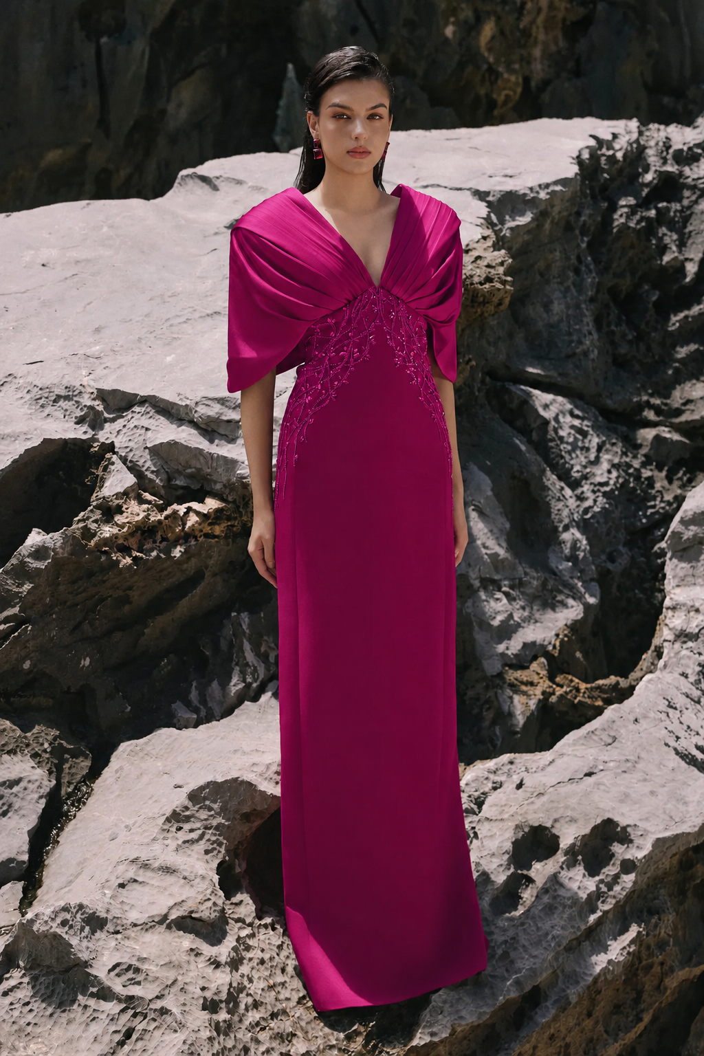 Deep V-Neck Short Cape Sleeves Dress - TRACY COUTURE