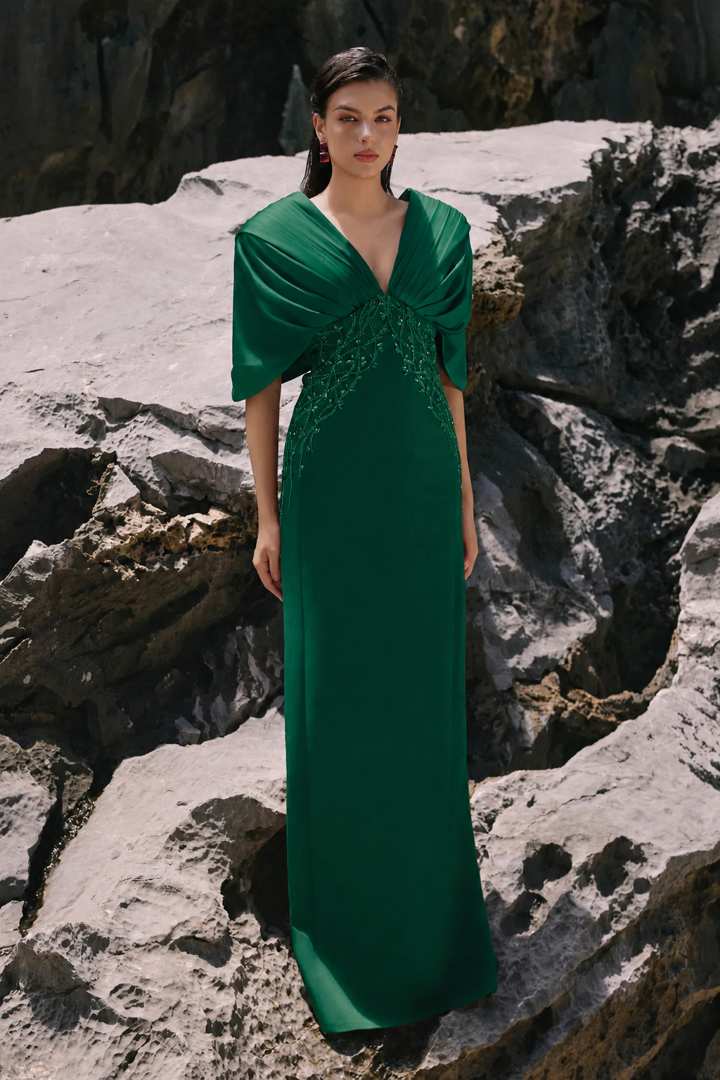 Deep V-Neck Short Cape Sleeves Dress - TRACY COUTURE