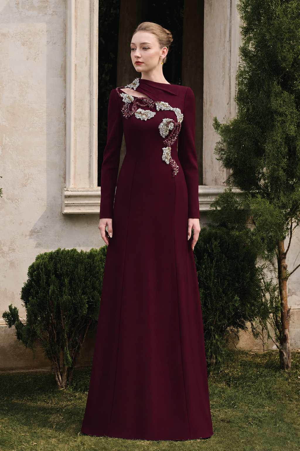 Diagonal Neck With Floral-Embellished Dress - TRACY COUTURE