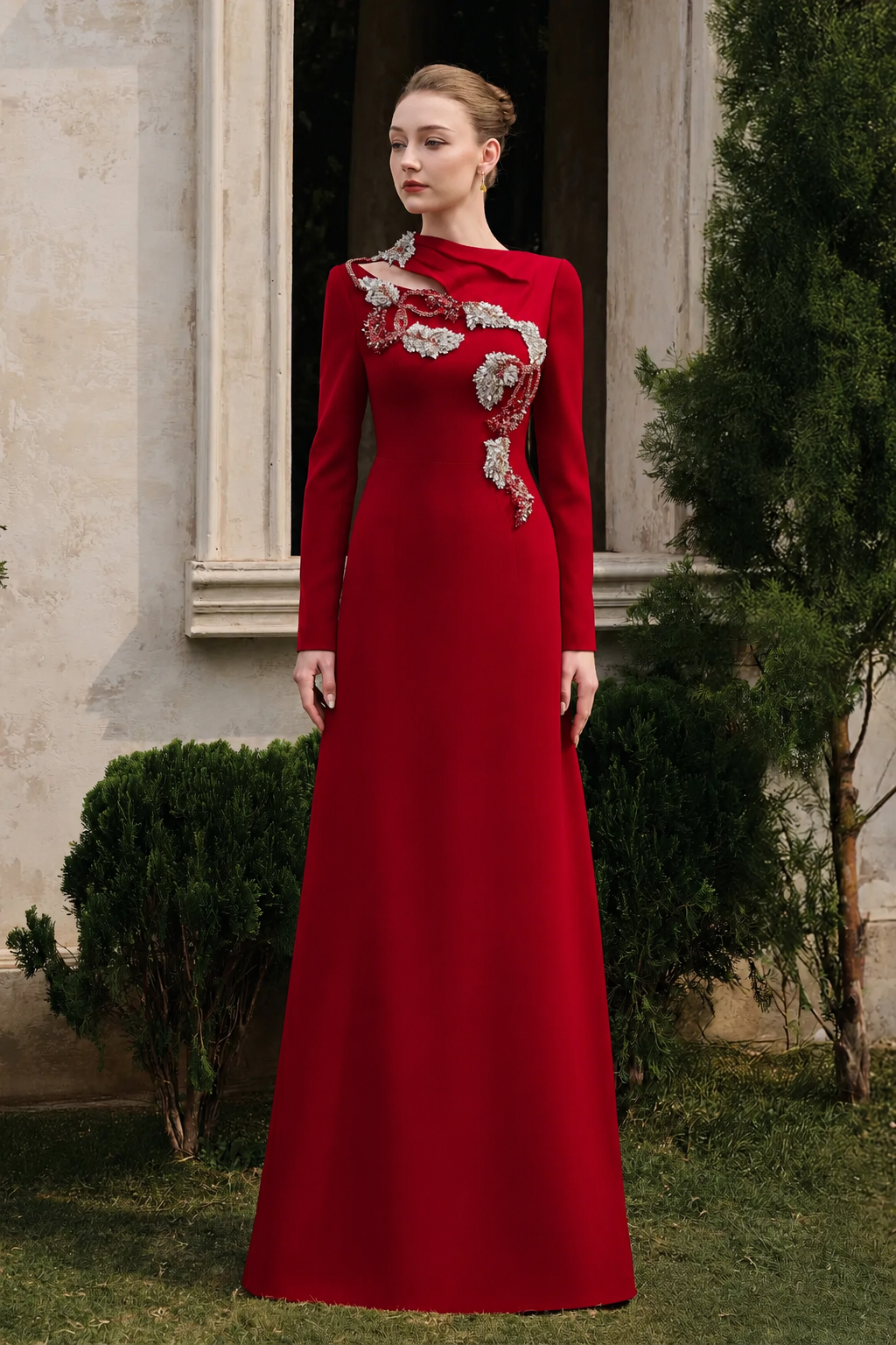 Diagonal Neck With Floral-Embellished Dress - TRACY COUTURE