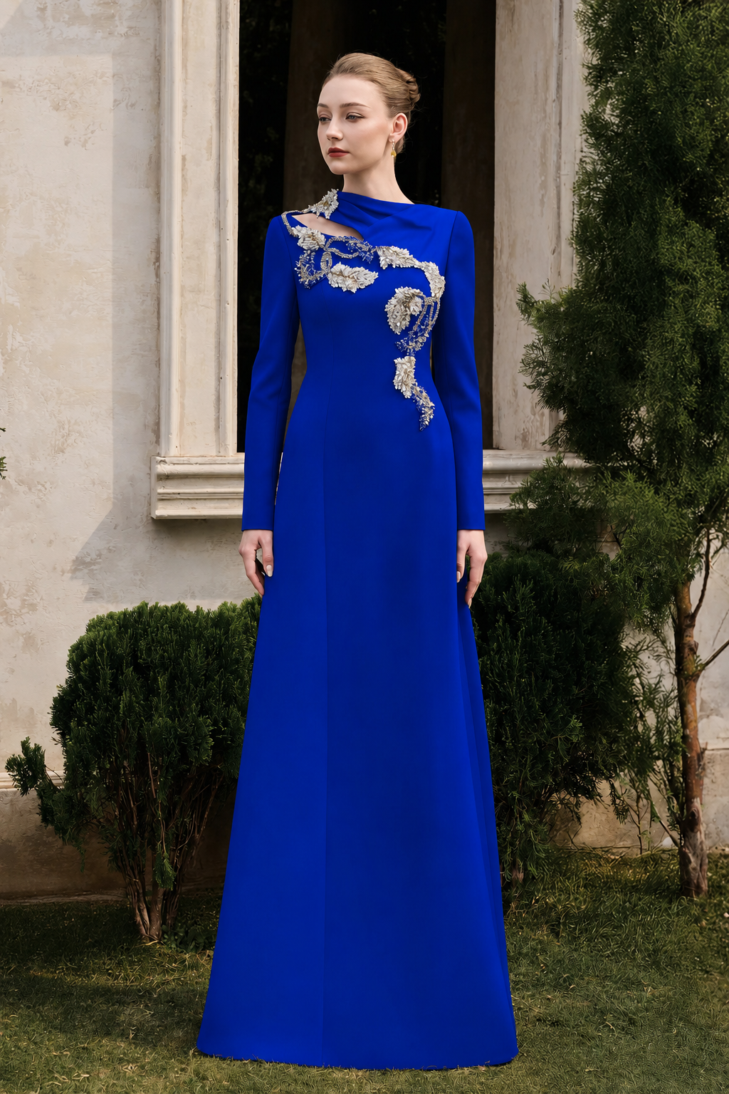 Diagonal Neck With Floral-Embellished Dress - TRACY COUTURE
