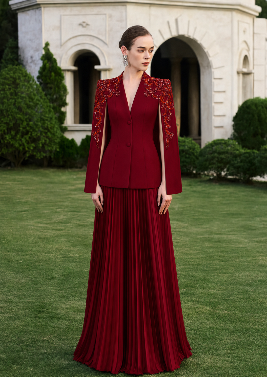 Collarless 3D Crystal-Embellished Blazer With Gathered Skirt Set - TRACY COUTURE