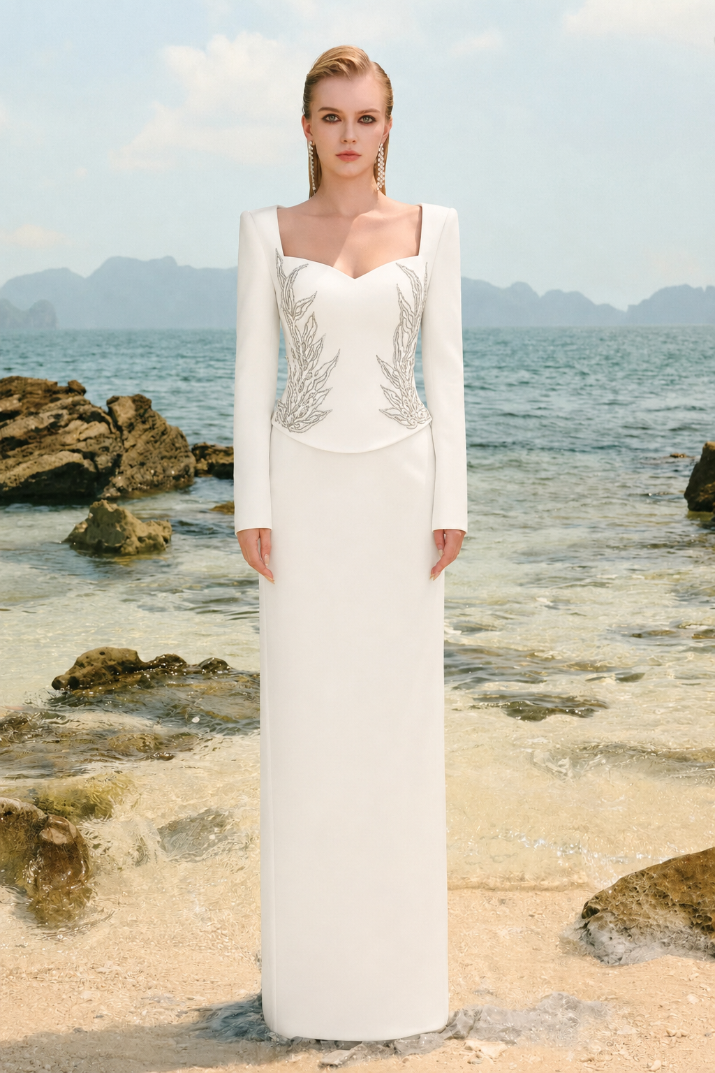 Long Sleeves Symmetric Crystal Embellished Dress - TRACY COUTURE