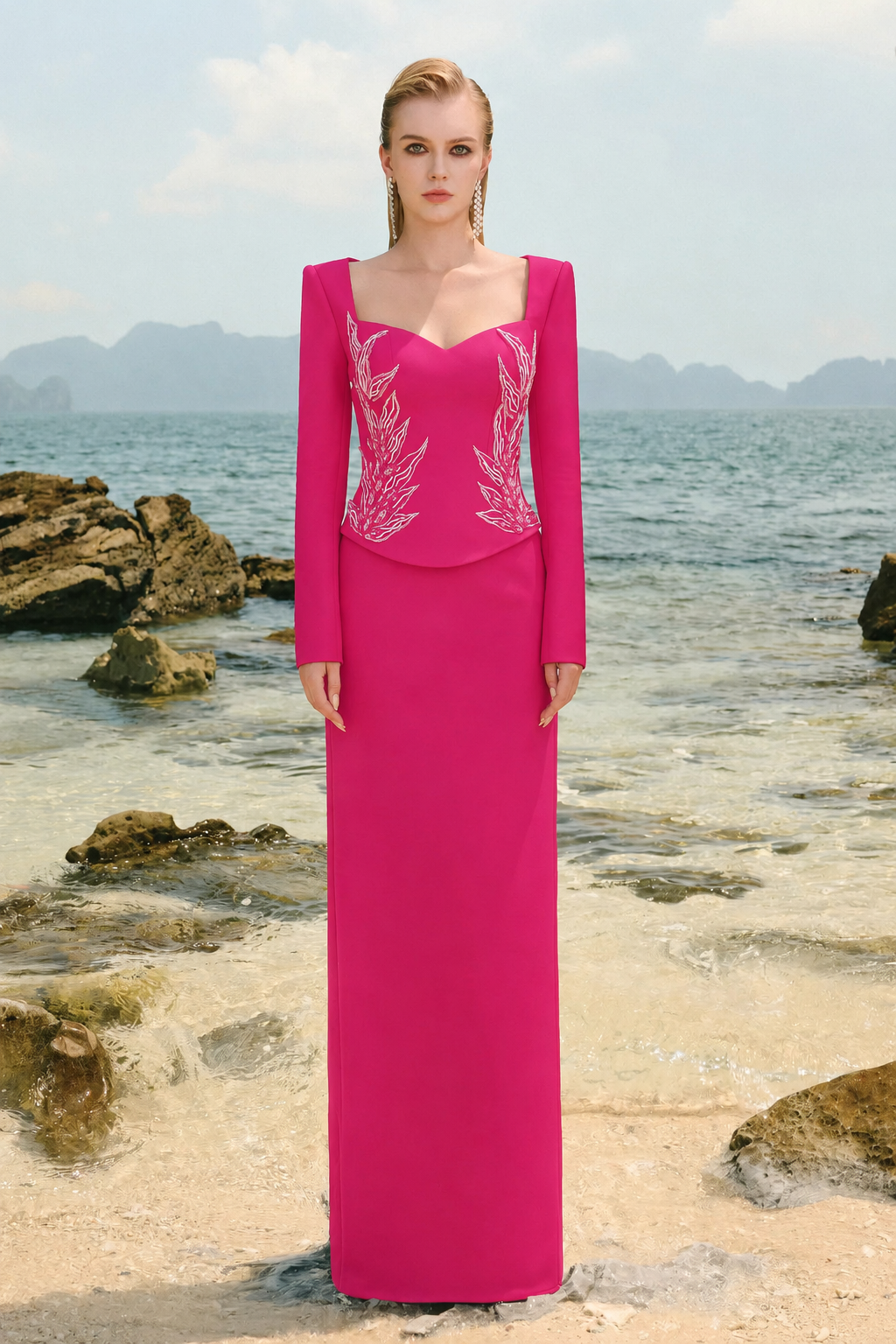 Long Sleeves Symmetric Crystal Embellished Dress - TRACY COUTURE