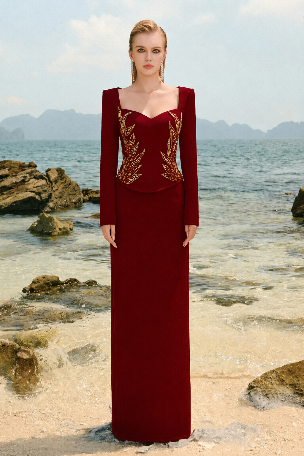 Long Sleeves Symmetric Crystal Embellished Dress - TRACY COUTURE
