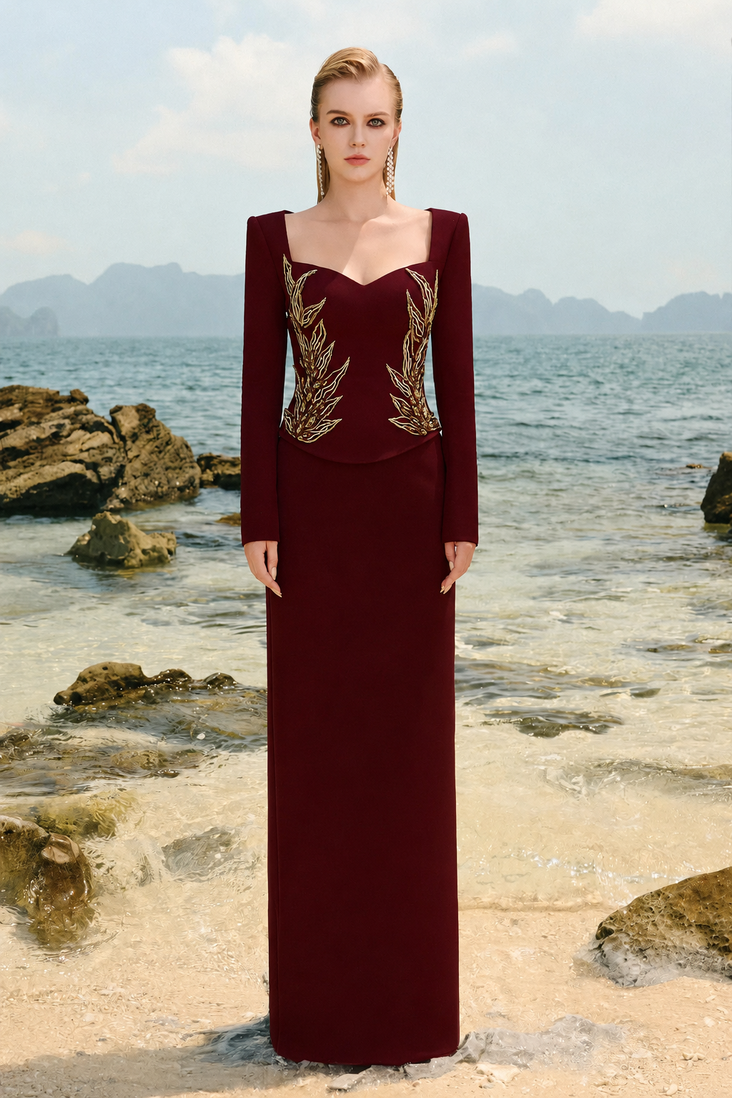 Long Sleeves Symmetric Crystal Embellished Dress - TRACY COUTURE