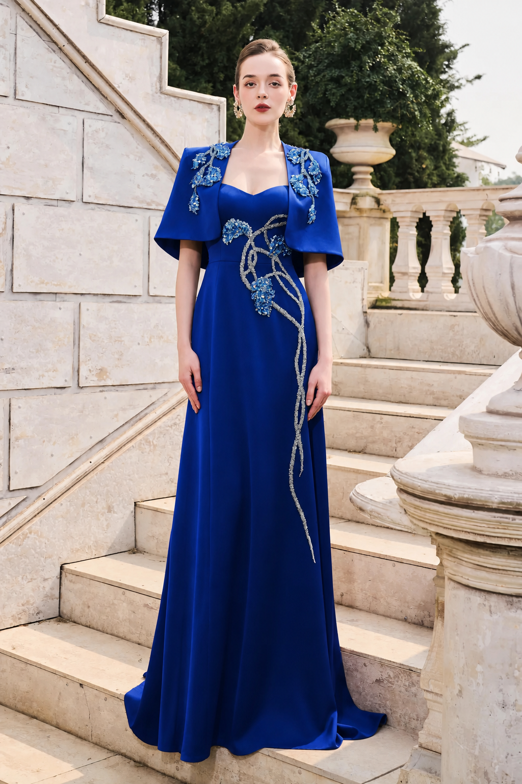 Short Cape Strappy Semi-Heart Dress Set - TRACY COUTURE