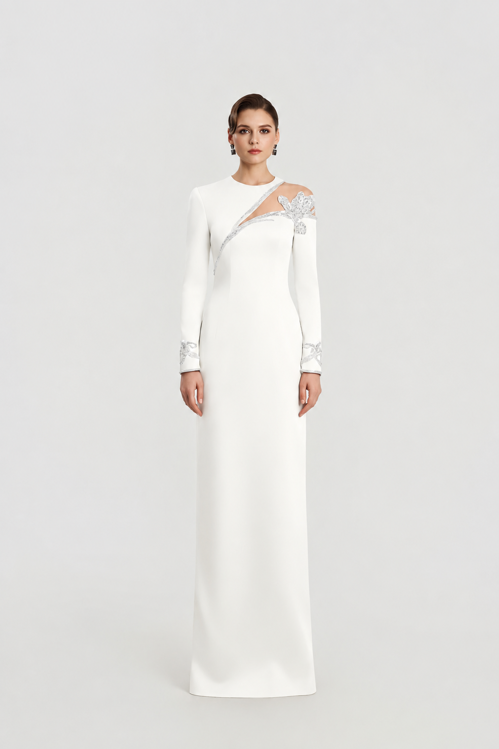 Asymmetric See-Through Shoulder Straight Dress - TRACY COUTURE