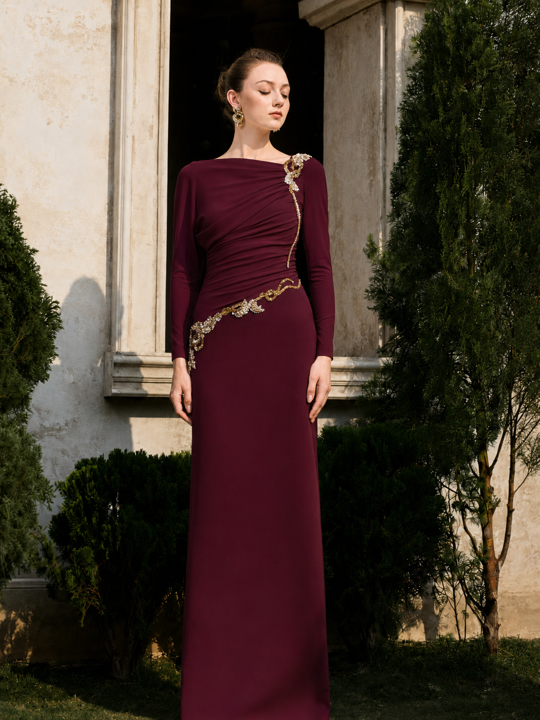 Asymmetric Neckline With Diagonal Gathered Dress - TRACY COUTURE