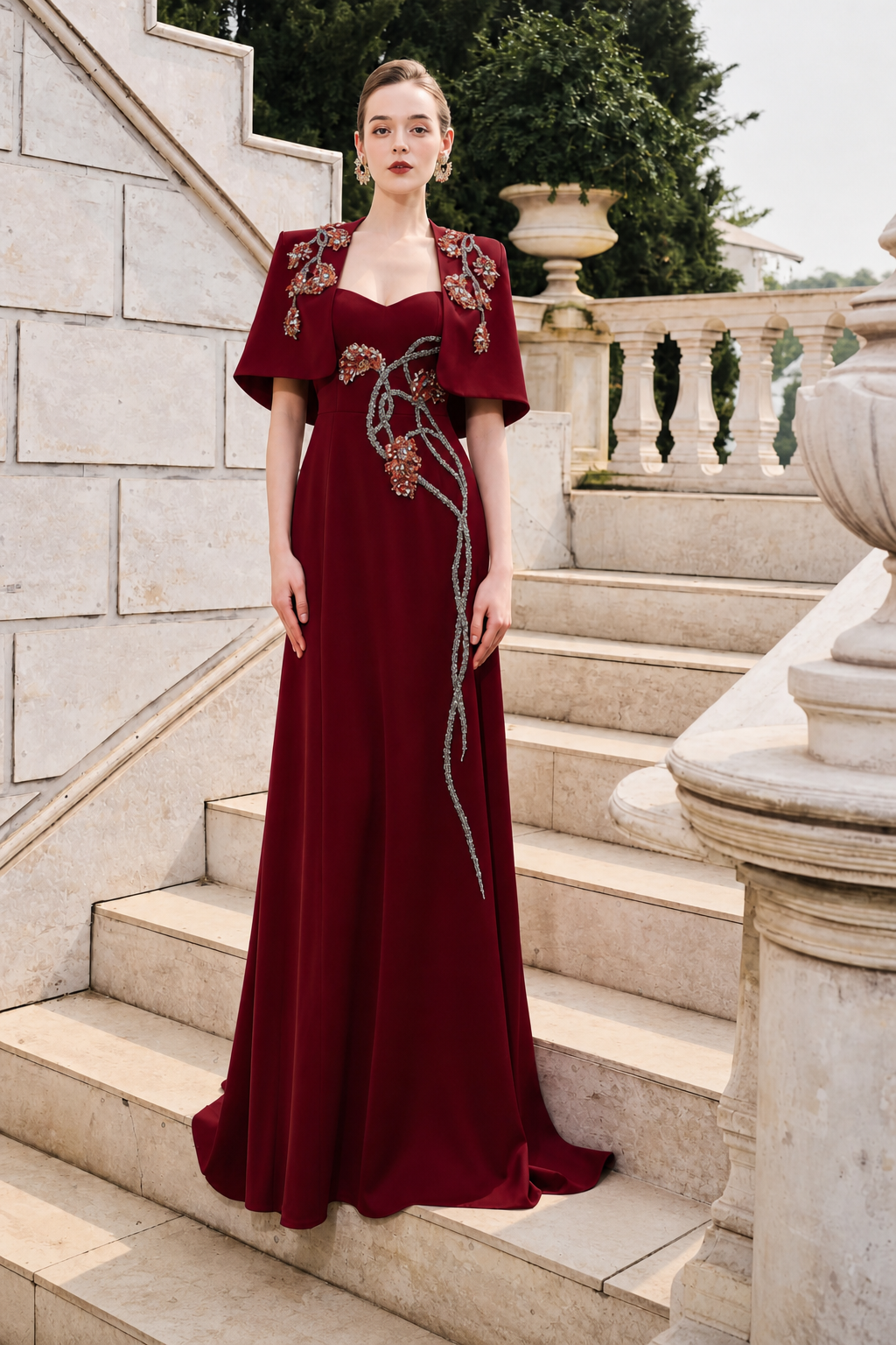Short Cape Strappy Semi-Heart Dress Set - TRACY COUTURE