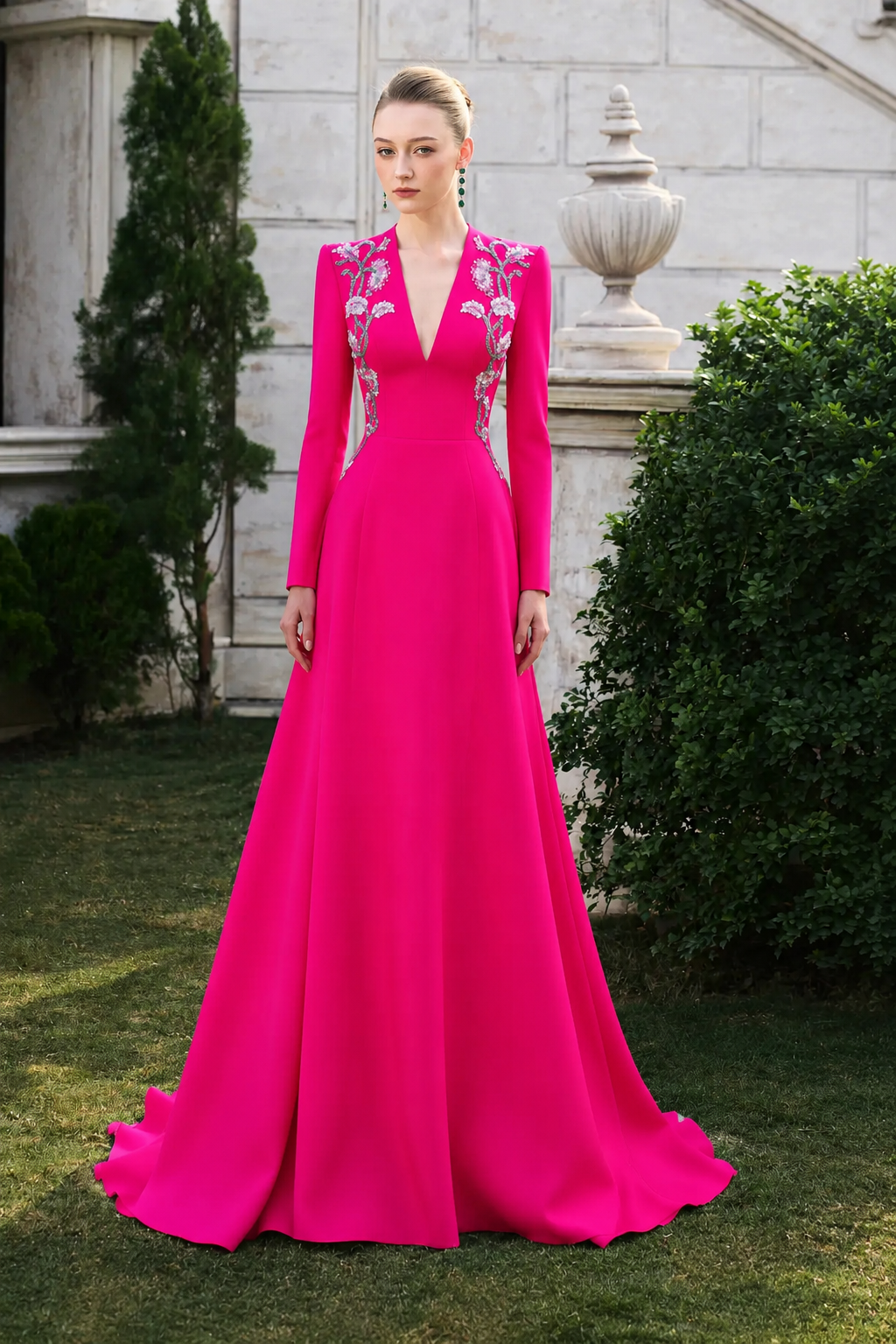 Double Crystal-Embellished Deep V-Neck Dress - TRACY COUTURE