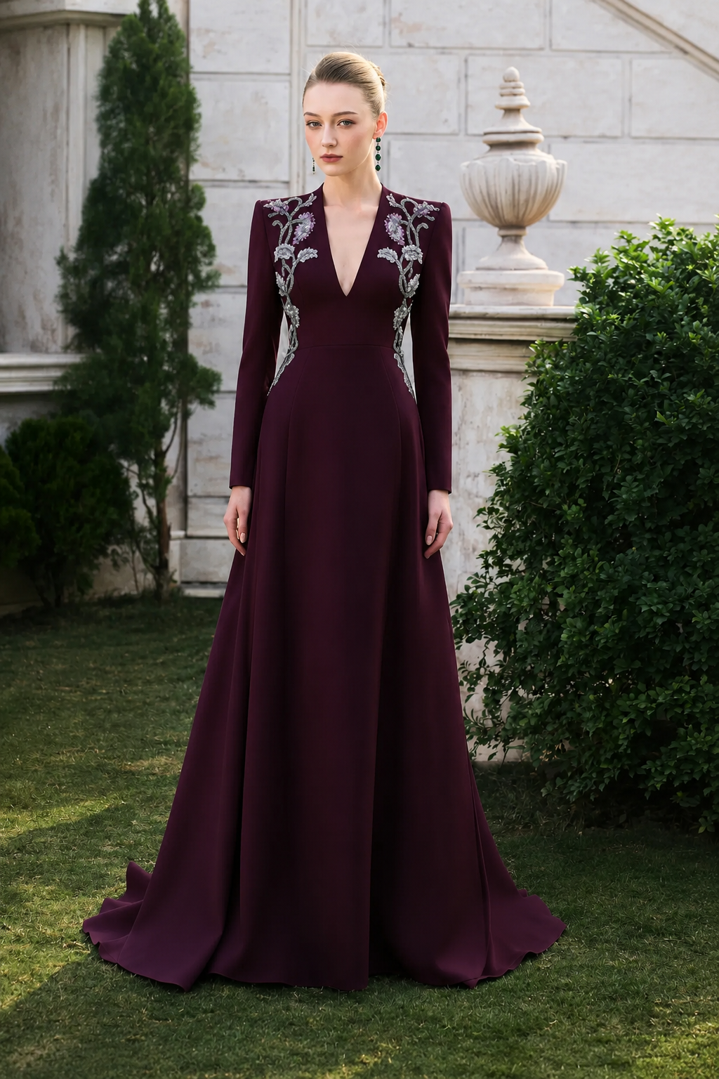 Double Crystal-Embellished Deep V-Neck Dress - TRACY COUTURE