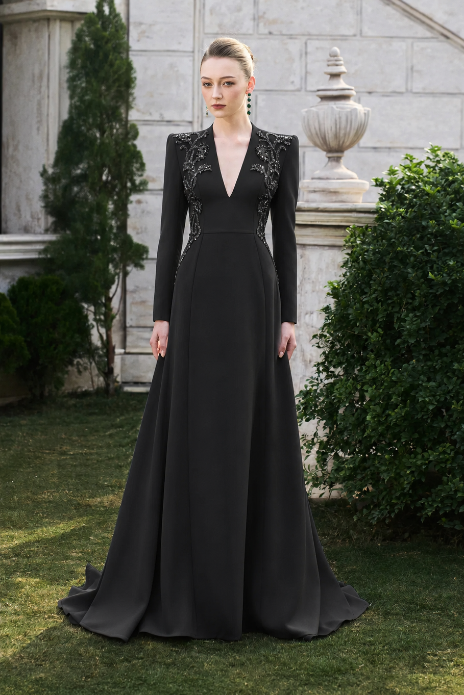 Double Crystal-Embellished Deep V-Neck Dress - TRACY COUTURE