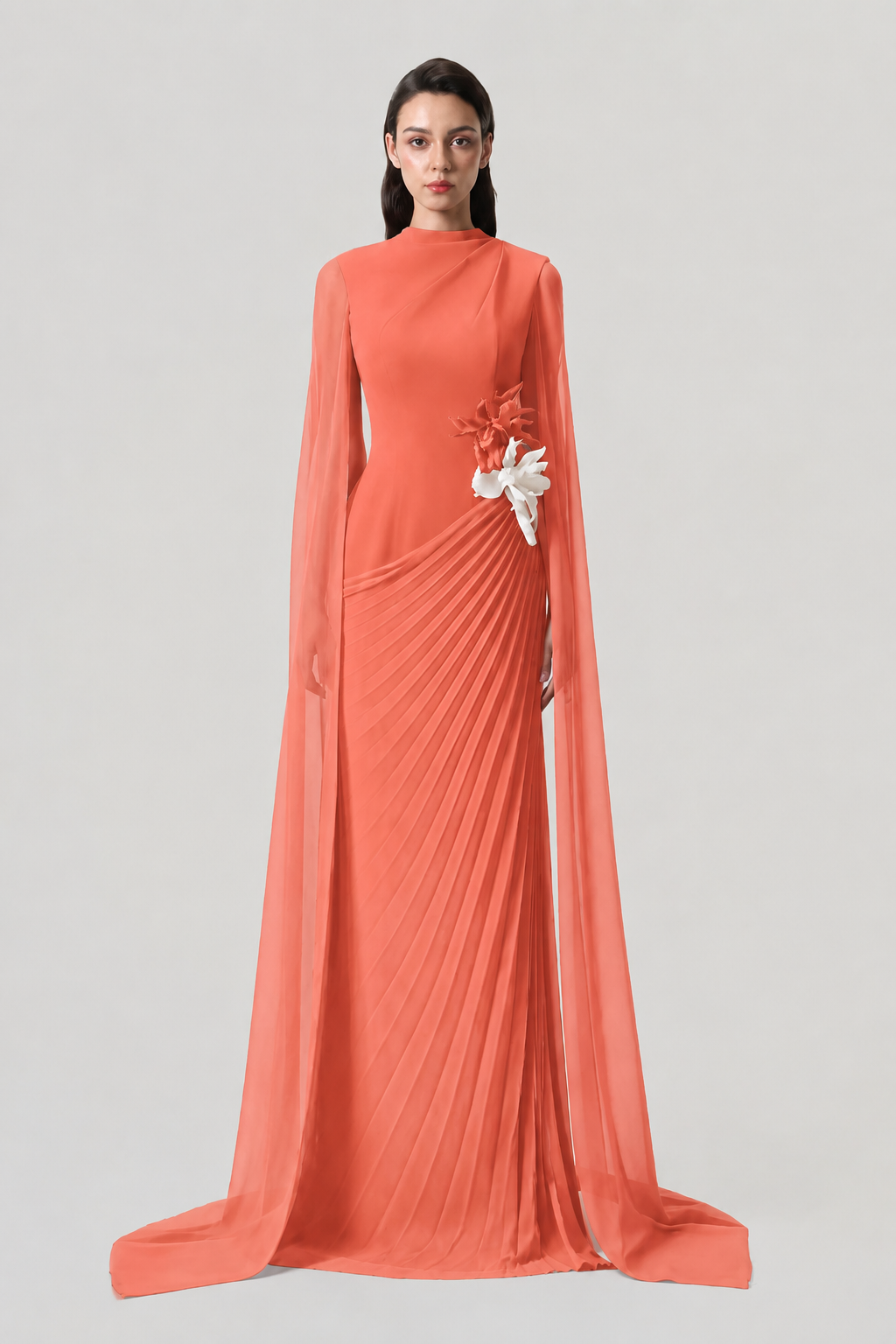 Long Sleeves Cape Diagonal Pleated Dress - TRACY COUTURE