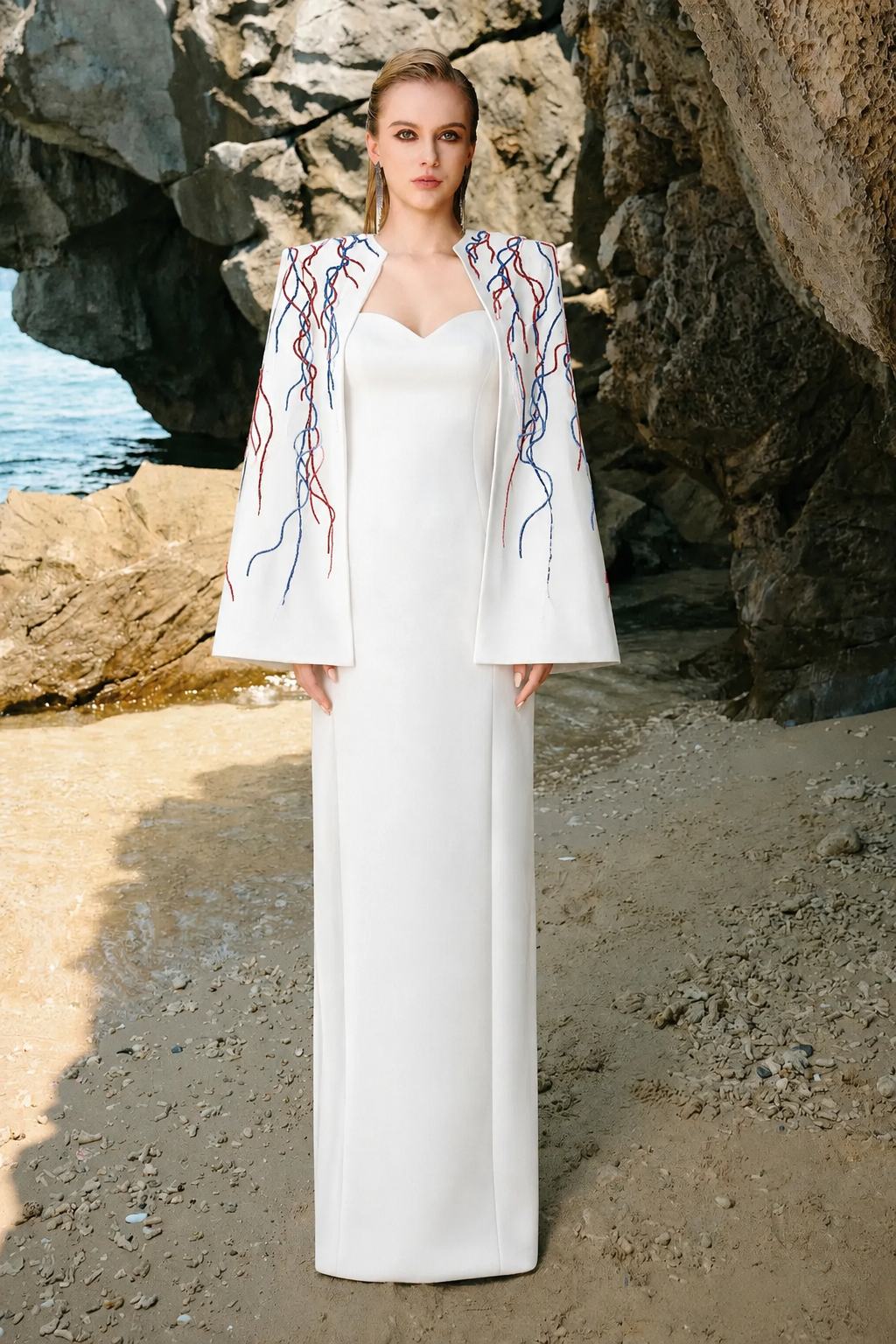 Wavy Crystal Embellished Flared Short Cape And Heart Chest Straight Dress Set - TRACY COUTURE