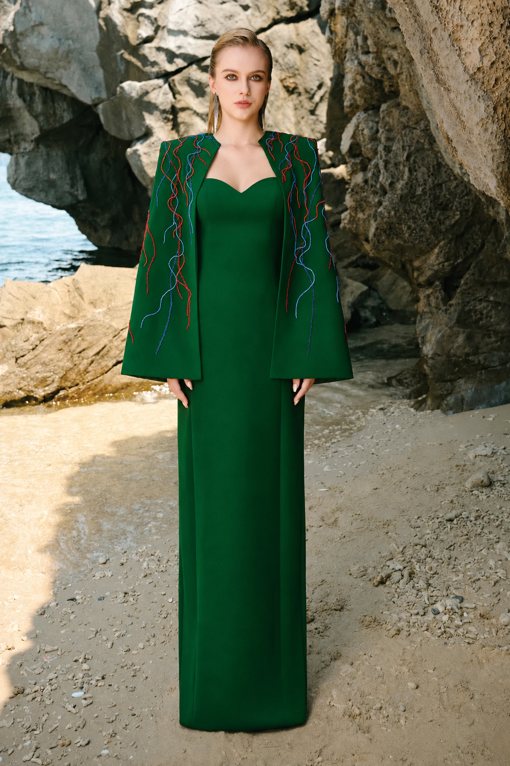Wavy Crystal Embellished Flared Short Cape And Heart Chest Straight Dress Set - TRACY COUTURE