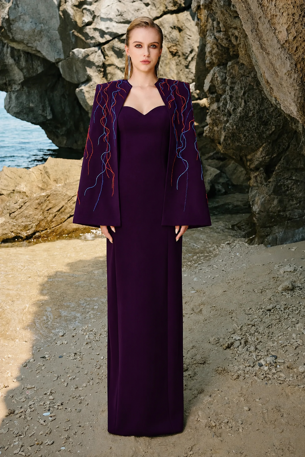 Wavy Crystal Embellished Flared Short Cape And Heart Chest Straight Dress Set - TRACY COUTURE
