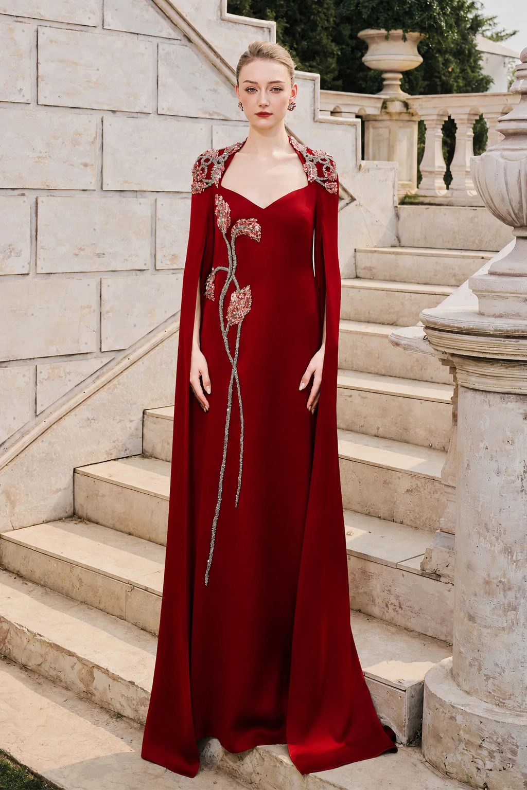 Long Sleeve Cape Trapezoid Neckline Dress L / Red
