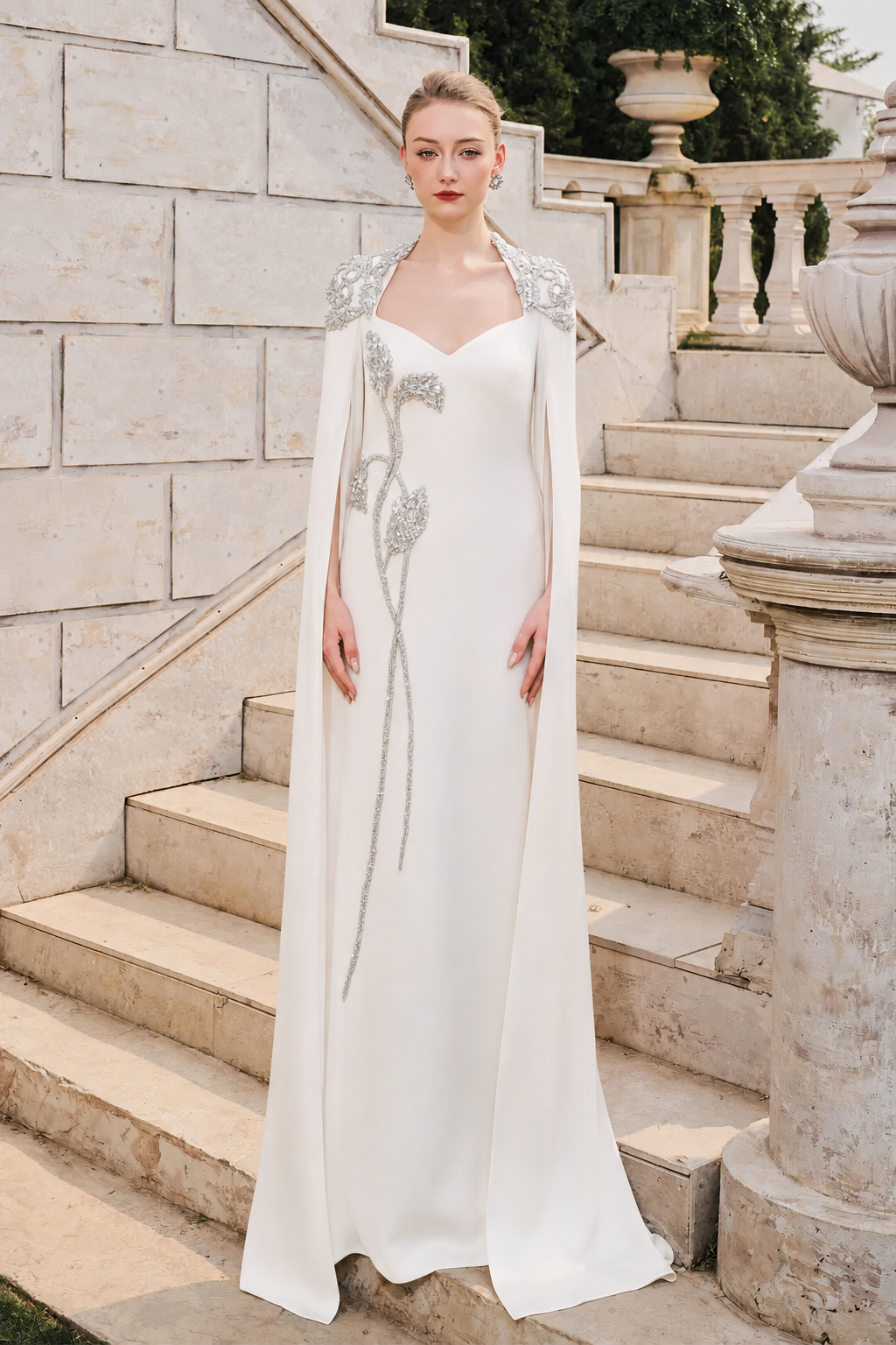 Long Sleeve Cape Trapezoid Neckline Dress - TRACY COUTURE