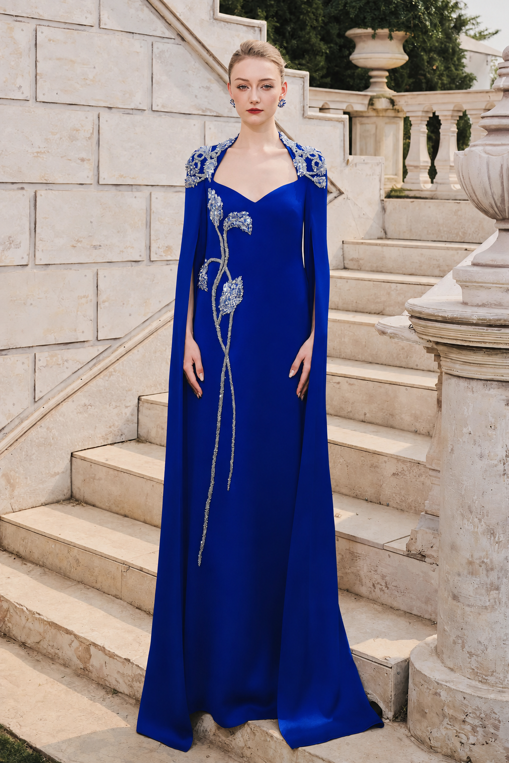 Long Sleeve Cape Trapezoid Neckline Dress - TRACY COUTURE